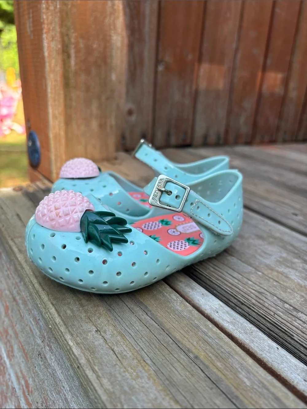 Mini Seed Mint Jelly Mary Janes with Pink Pineapple Appliqués